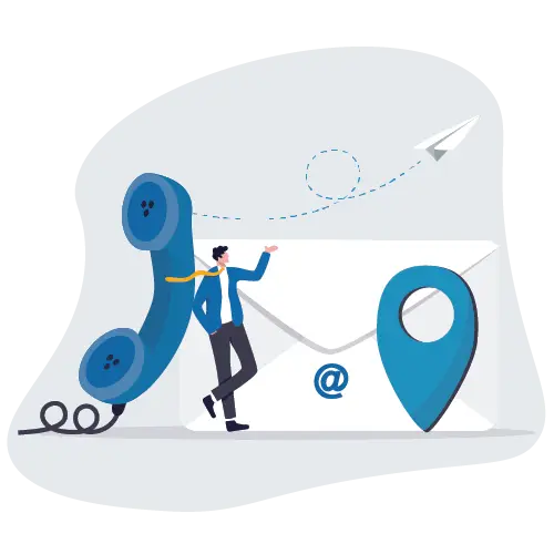 An illustraion of a man leaning on a big blue phone, a big envelop for background, paper plane flying in the sky