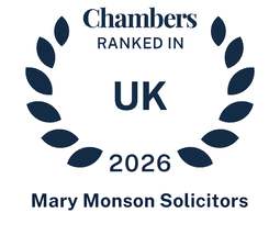 The logo has a white background consisting of letters surrounded by modernised leaves imitation in dark blue. At the top, it reads Chambers Top Ranked. In the middle, there is written UK in big capitalised letters. 2025 and Mary Monson Solicitors is written to the bottom.