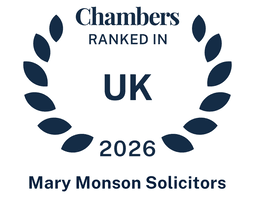 The logo has a white background consisting of letters surrounded by modernised leaves imitation in dark blue. At the top, it reads Chambers Top Ranked. In the middle, there is written UK in big capitalised letters. 2025 and Mary Monson Solicitors is written to the bottom.