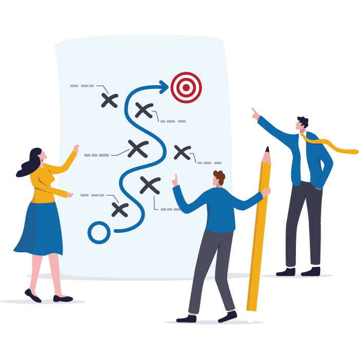An illustration is where three solicitors discuss a plan to achieve their goals. A woman is holding a giant piece of paper where they have drawn the plan. One of the men is holding a big pencil and discussing his strategy. The second man is pointing toward the end goal.