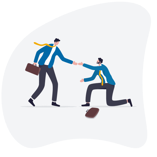 An illustration of kindness to help others from failure or crisis. A lawyer offers helping hand to pull the fallen individual up again.