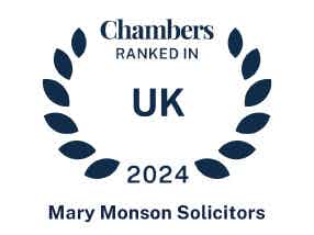 The logo has a white background consisting of letters surrounded by modernised leaves imitation in dark blue.  At the top, it reads Chambers Top Ranked. In the middle, there is written UK in big capitalised letters. 2024 and Mary Monson Solicitors is written to the bottom.